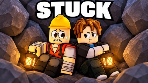 Escape the Cave artwork of two blocky miner characters holding lanterns, wedged among large rocks beneath a STUCK banner