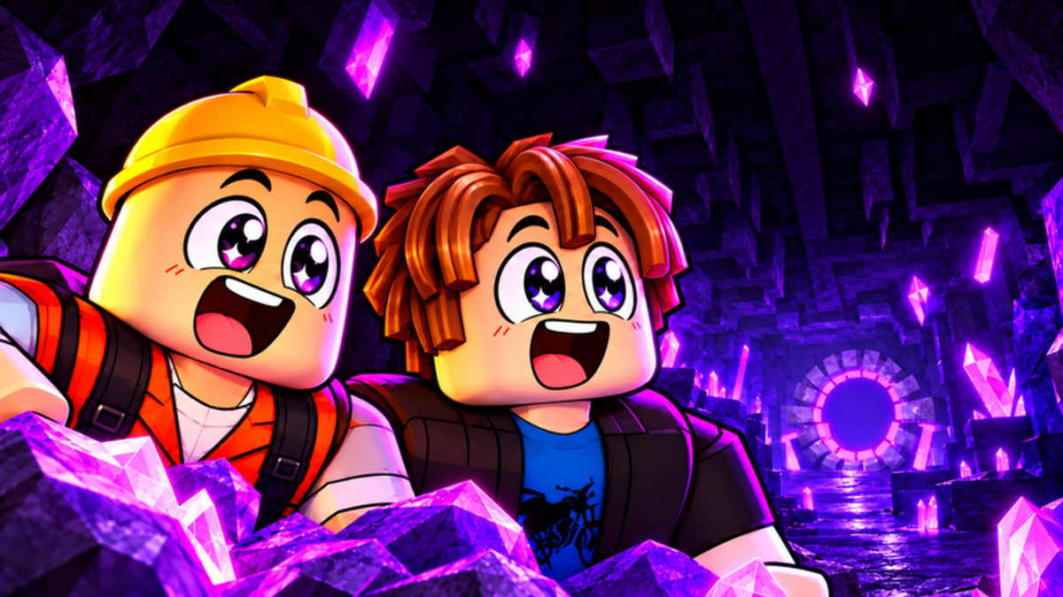 Two blocky Roblox miners grinning among glowing purple crystals in a dark cave, with a round tunnel exit lit up in the background